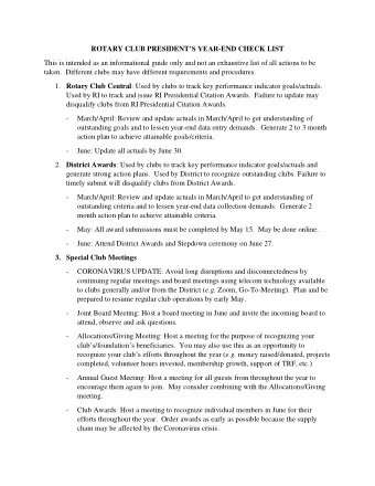 ROTARY CLUB PRESIDENT S YEAR -END CHECK LIST  This is intended as an informational guide only