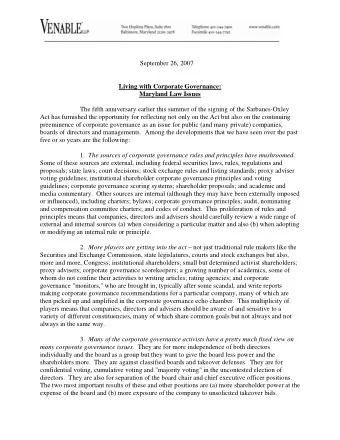 September 26, 2007  Living with Corporate Governance:  Maryland Law Issues  The fifth anniversary