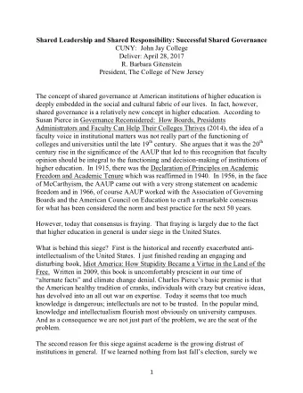 Shared Leadership and Shared Responsibility: Successful Shared Governance  CUNY:  John Jay College