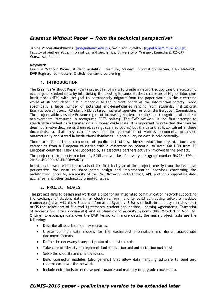 erasmus without paper from the technical perspective