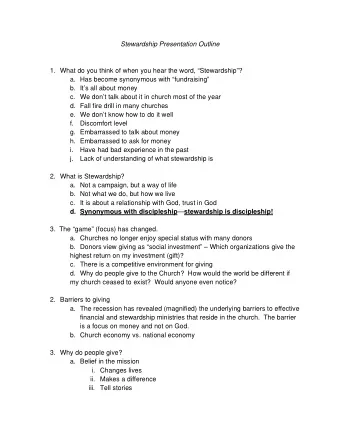 Stewardship Presentation Outline  1. What do you think of when you hear the word,