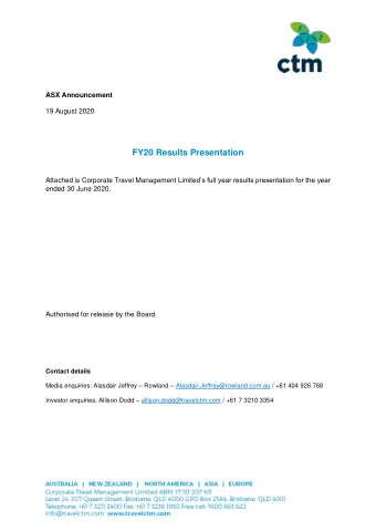 FY20 Results Presentation Attached is Corporate Travel Management Limited s full year results