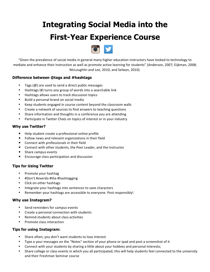 integrating social media into the first year experience