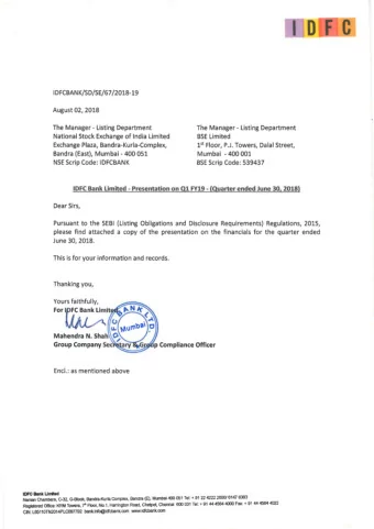 Q1 FY19 FINANCIALS JUNE 30, 2018 Key Highlights: Q1 FY19 No. of Customers CASA to Deposits (Total: