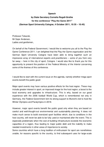 Speech  by State Secretary Cornelia Rogall-Grothe for the conference Play the Game 2011