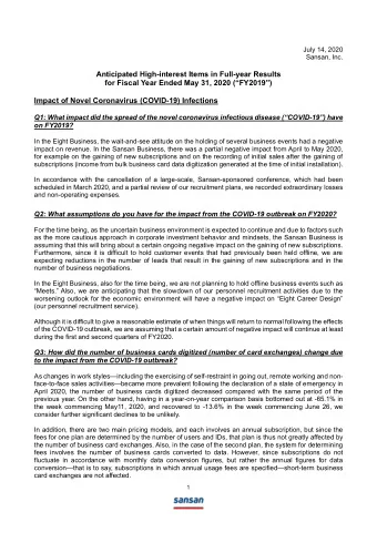 July 14, 2020 Sansan, Inc. Anticipated High-interest Items in Full-year Results for Fiscal Year