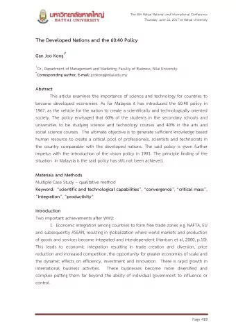 The Developed Nations and the 60:40 Policy Gan Joo Kong 1* 1 Dr., Department of Management and