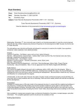 Page 1 of 5 Elyse Eisenberg From:  Elyse Eisenberg [eisenberg@earthlink.net] Sent:  Saturday,