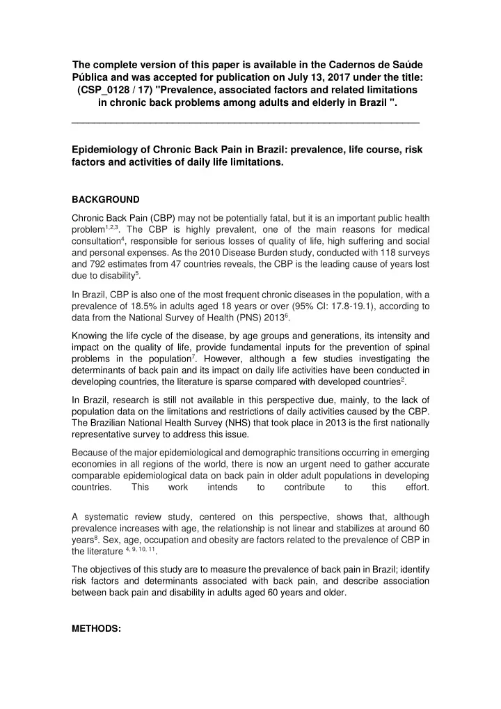 background chronic back pain cbp may not be potentially