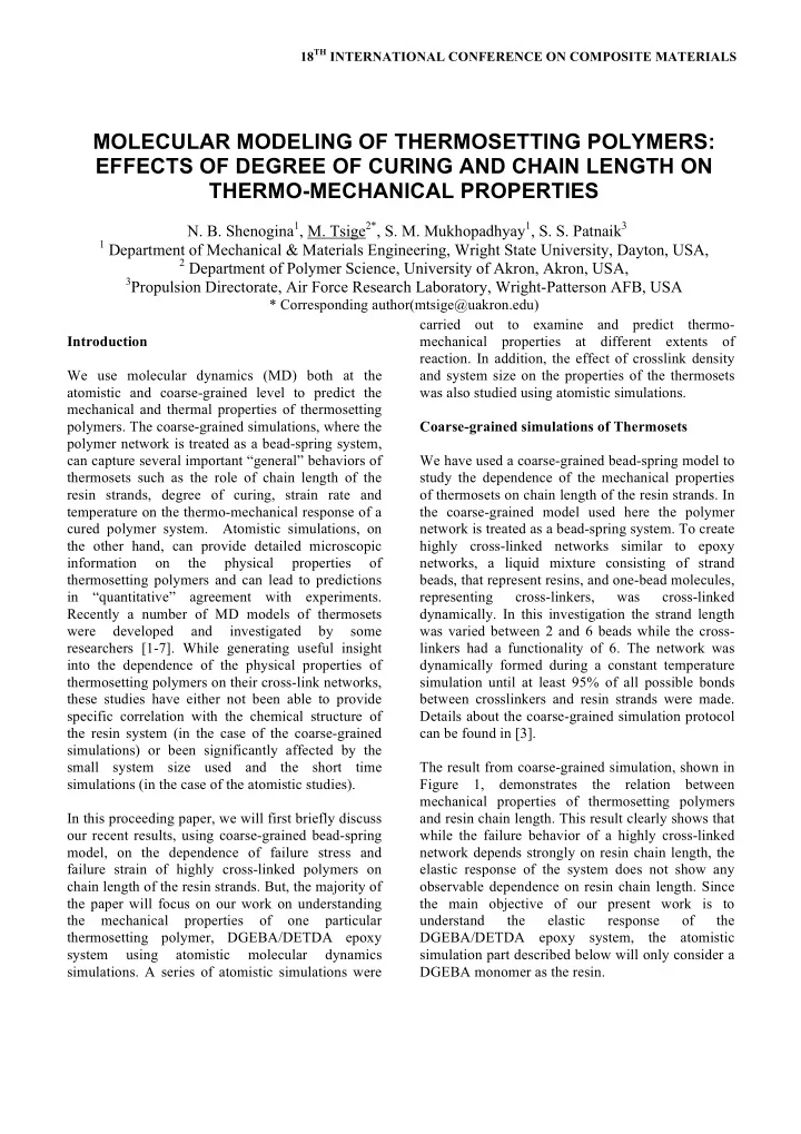molecular modeling of thermosetting polymers effects of