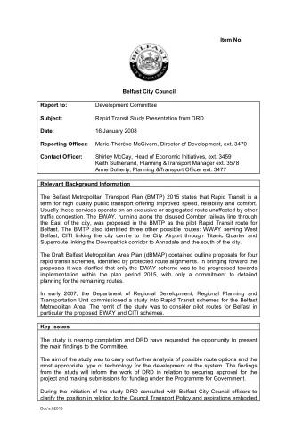 Item No:  Belfast City Council  Report to:  Development Committee  Subject:  Rapid Transit Study