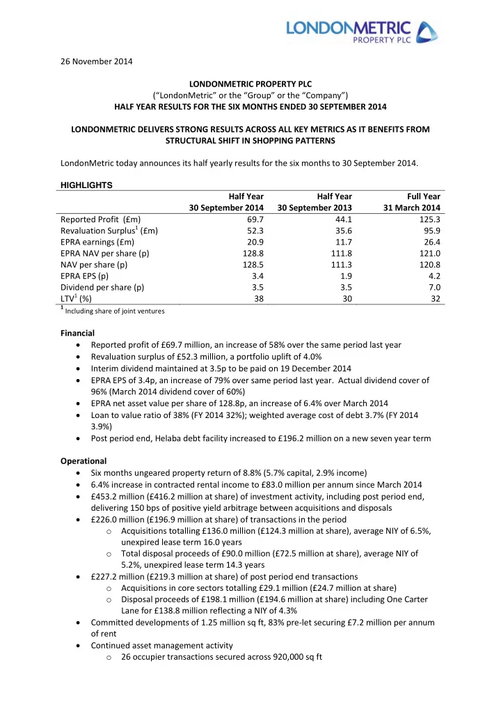 26 november 2014 londonmetric property plc londonmetric