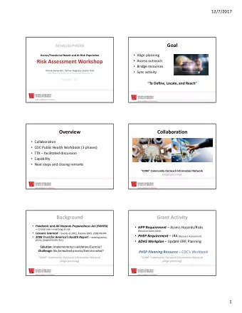 Risk Assessment Workshop  Assess outreach  Bridge resources Antonio Hernandez| Partner