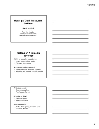 Municipal Clerk Treasurers  Institute  March 18, 2015  Reba Hull Campbell  Deputy Executive