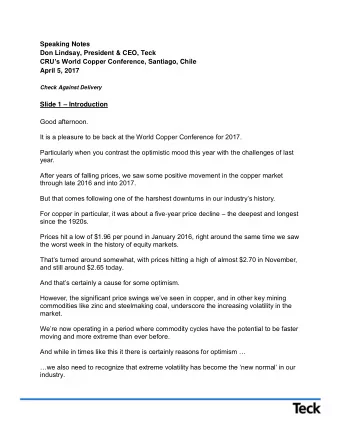 Speaking Notes  Don Lindsay, President &amp; CEO, Teck CRUs World Copper Conference , Santiago,