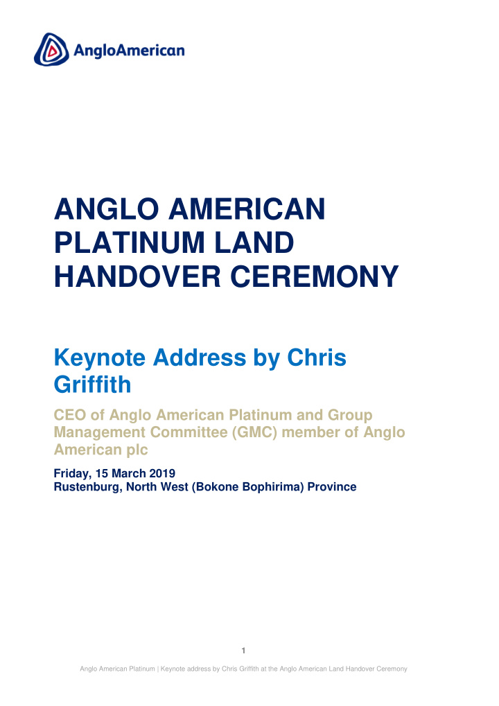 anglo american platinum land handover ceremony keynote