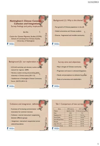 Nottinghams Chinese Community  Cohesion and Integration:  Survey findings and policy