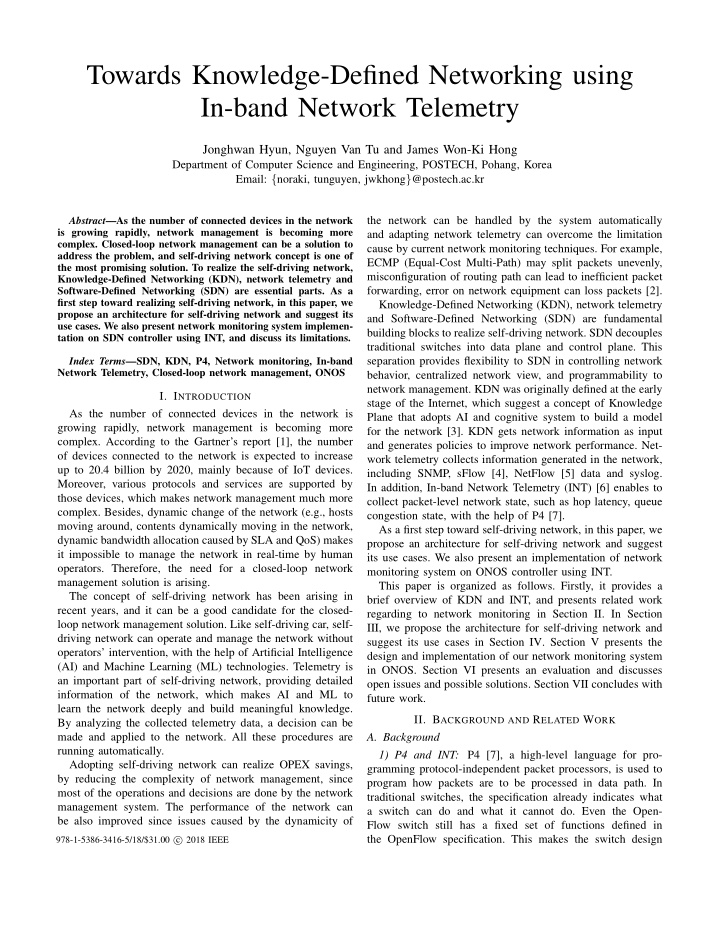 towards knowledge defined networking using in band