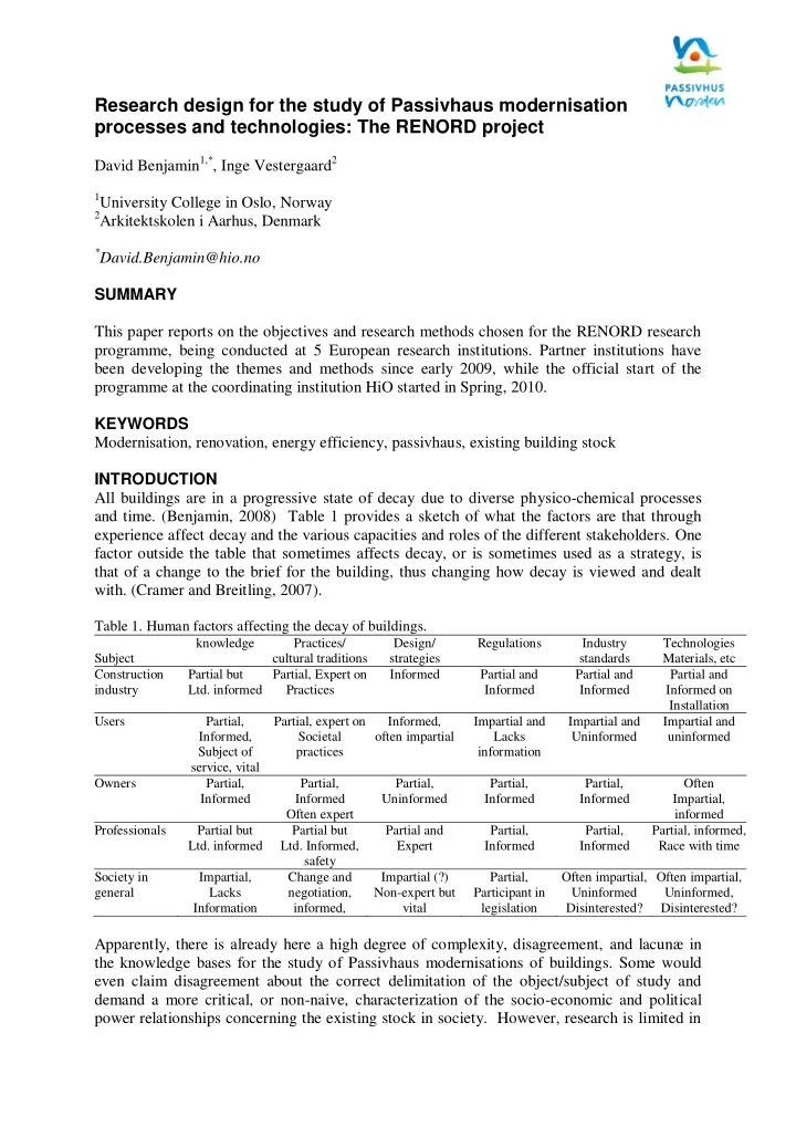 research design for the study of passivhaus modernisation