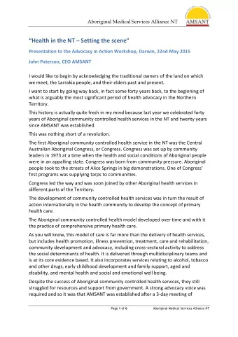 Health in the NT  Setting the scene  Presentation to the Advocacy in Action Workshop,