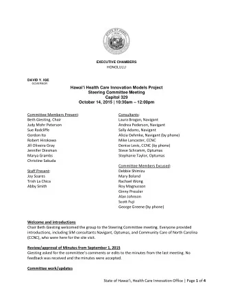 GOVERNOR Hawaii Health Care Innovation Models Project  Steering Committee Meeting  Capitol 329