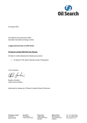 25 August 2020  ASX Market Announcements Office  Australian Securities Exchange Limited  Lodged