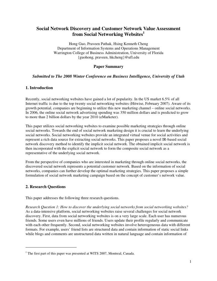 social network discovery and customer network value