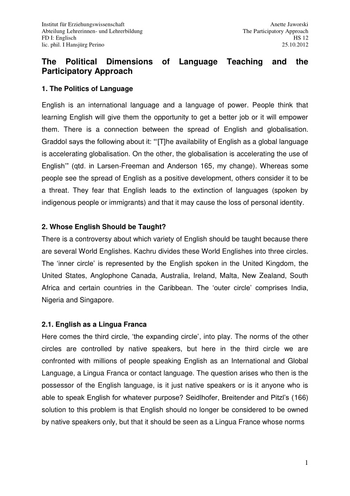 the political dimensions of language teaching and the