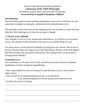District Unity Meeting Workshop Handout 4 Elements of the FISH Philosophy  By Stephen Lundin, Harry