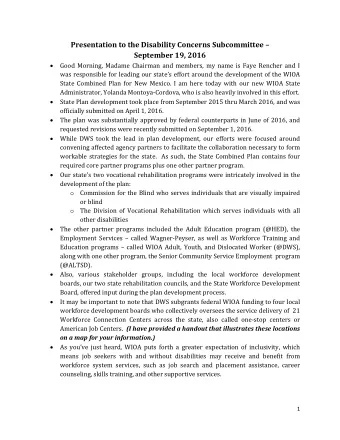 Presentation to the Disability Concerns Subcommittee   September 19, 2016  Good Morning,