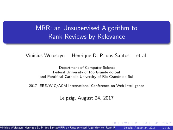 mrr an unsupervised algorithm to rank reviews by relevance