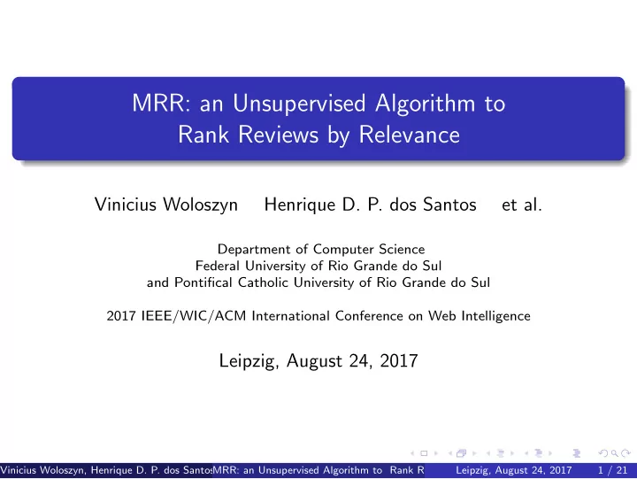 mrr an unsupervised algorithm to rank reviews by relevance