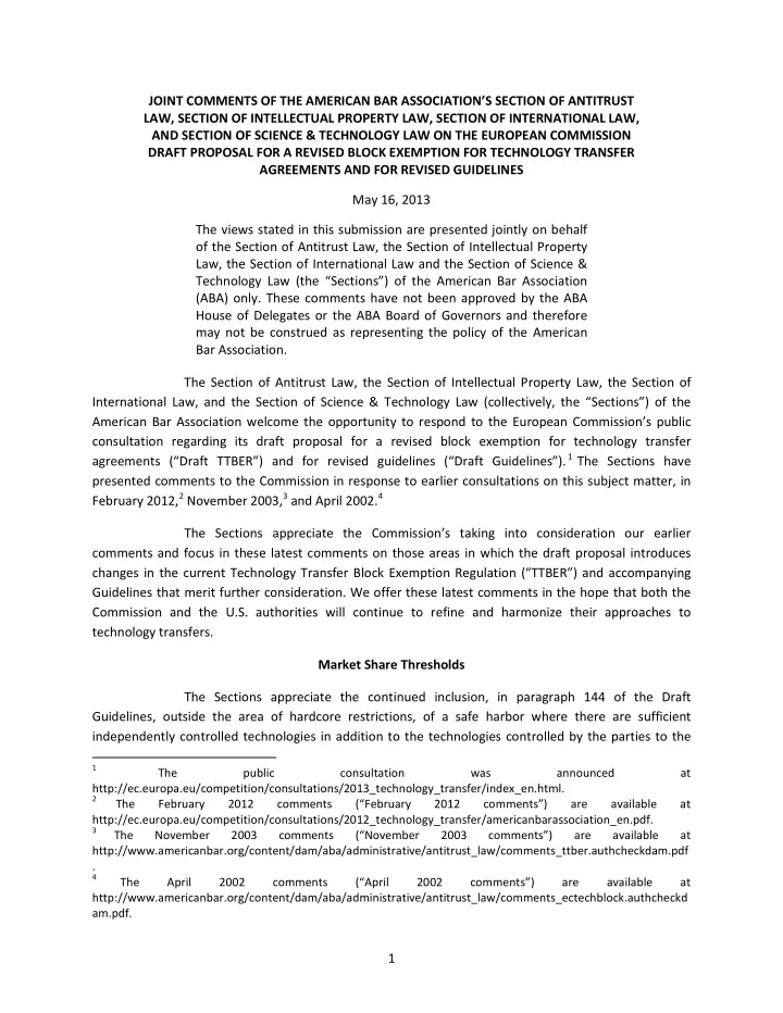 joint comments of the american bar association s section