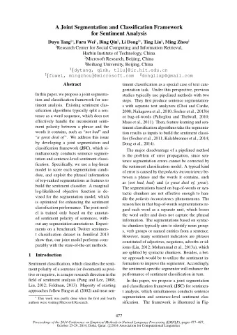 A Joint Segmentation and Classification Framework  for Sentiment Analysis Duyu Tang   , Furu