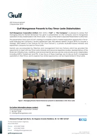 Gulf Manganese Presents to Key Timor-Leste Stakeholders Gulf Manganese Corporation Limited (ASX: