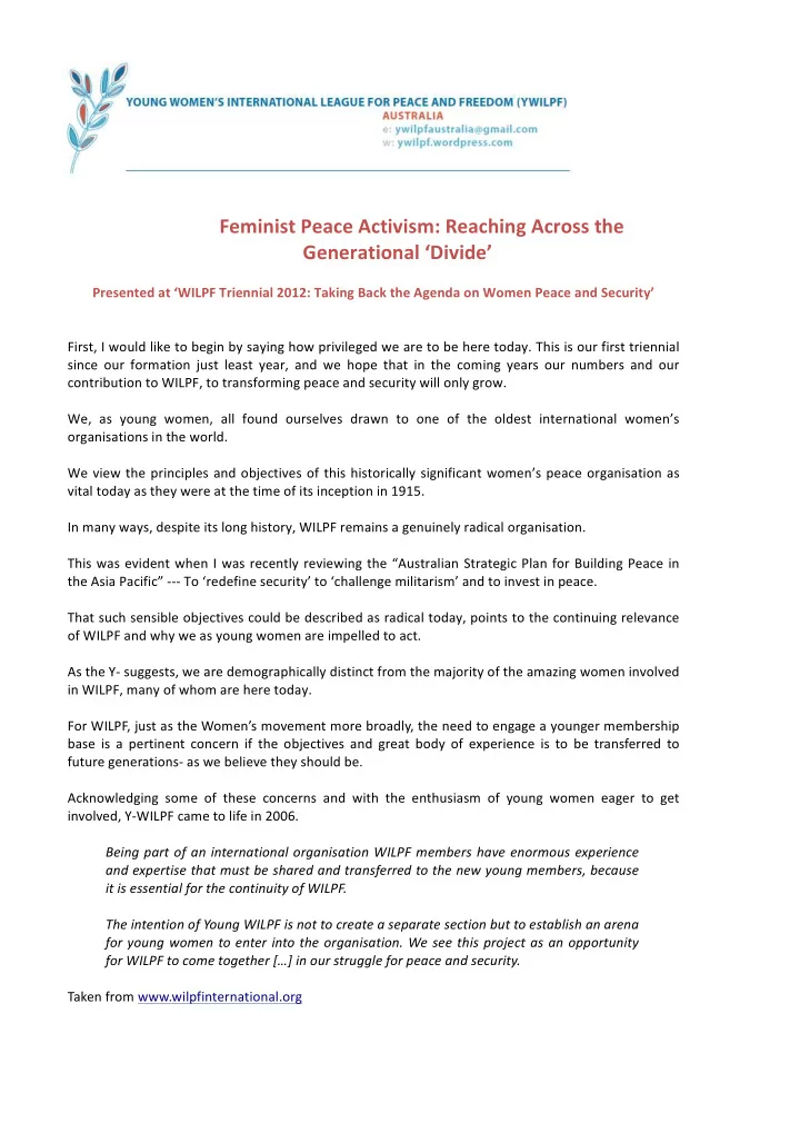 feminist peace activism reaching across the generational