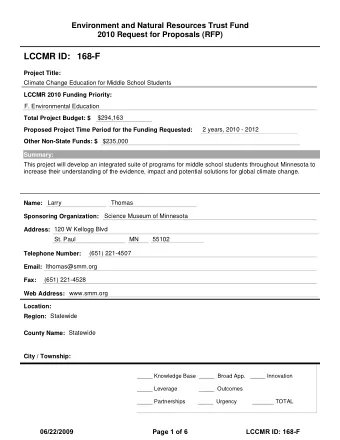 LCCMR ID: 168-F  Project Title:  Climate Change Education for Middle School Students  LCCMR 2010