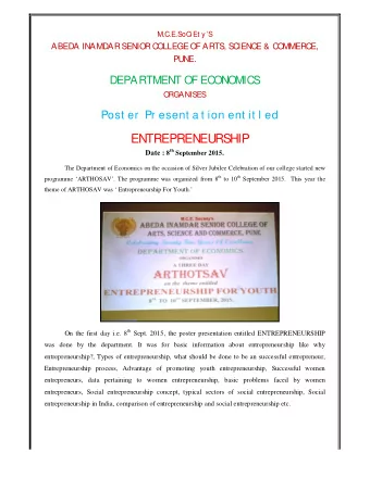 ENTREPRENEURSHIP Date : 8 th September 2015.  The Department of Economics on the occasion of Silver