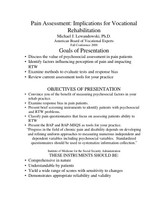 Pain Assessment: Implications for Vocational  Rehabilitation  Michael J. Lewandowski, Ph.D.