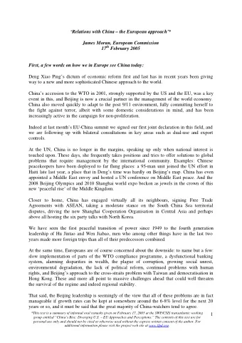 Relations with China  the European approach*  James Moran, European Commission 17 th