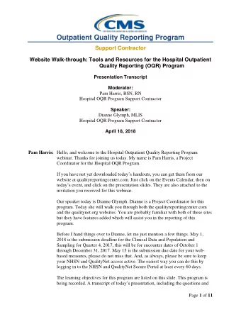 Outpatient Quality Reporting Program  Support Contractor  Website Walk-through: Tools and Resources