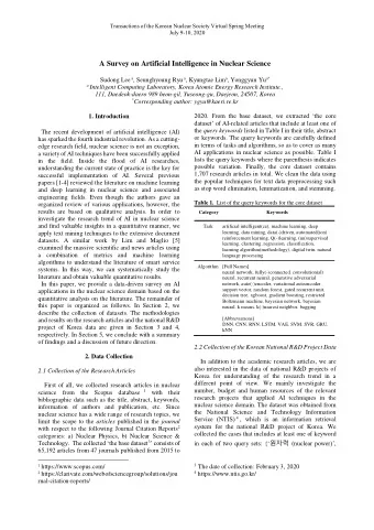 A Survey on Artificial Intelligence in Nuclear Science Sudong Lee a , Seunghyoung Ryu a , Kyungtae