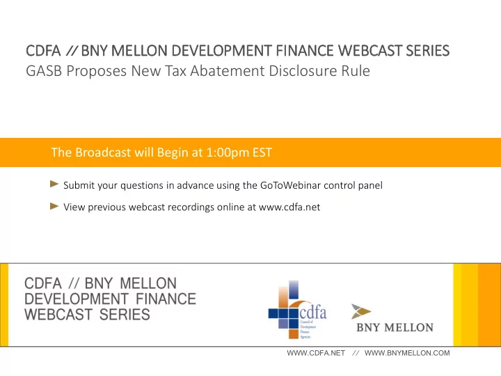 cdfa bny mellon de development fin finance webcast se