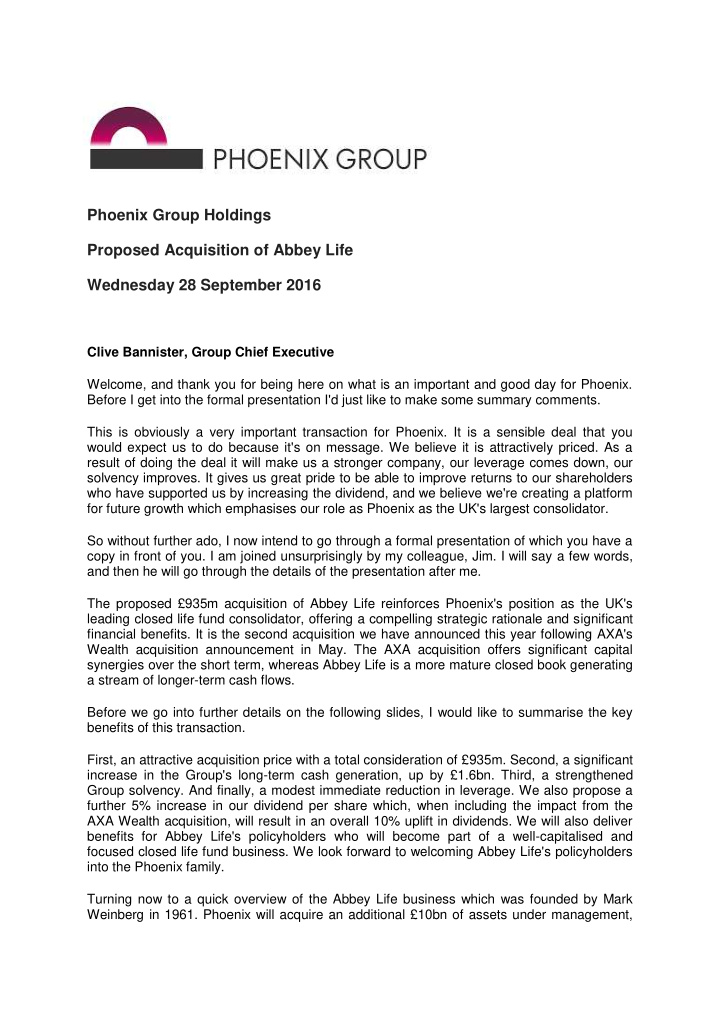 phoenix group holdings proposed acquisition of abbey life