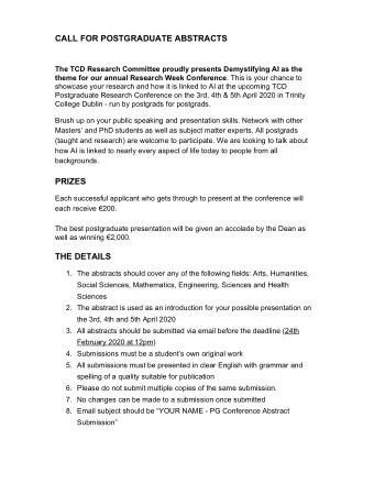 CALL FOR POSTGRADUATE ABSTRACTS  The TCD Research Committee proudly presents Demystifying AI as the