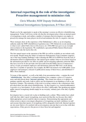 Internal reporting &amp; the role of the investigator: Proactive management to minimise risk  Chris