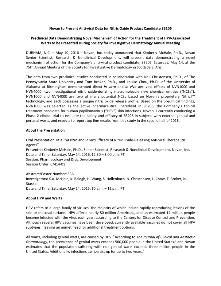 novan to present anti viral data for nitric oxide product
