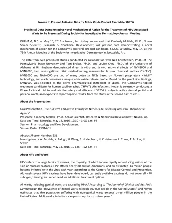 Novan to Present Anti-viral Data for Nitric Oxide Product Candidate SB206  Preclinical Data