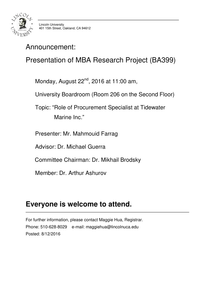 announcement presentation of mba research project ba399