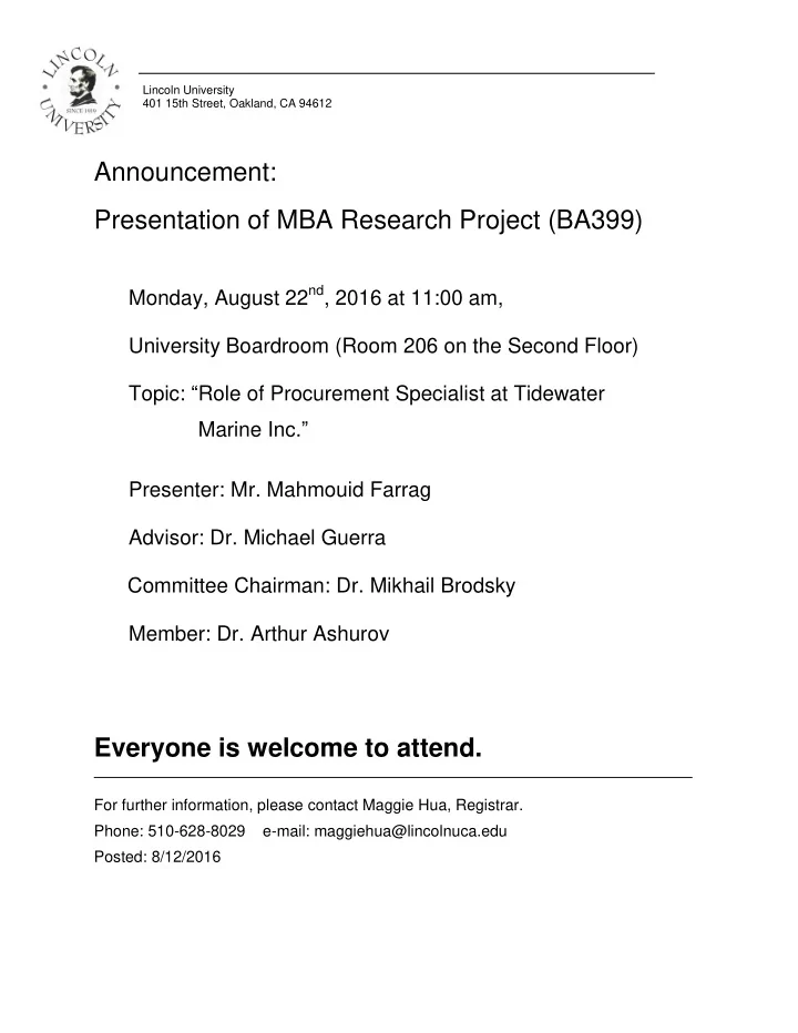 announcement presentation of mba research project ba399
